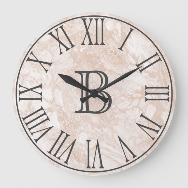 Trendy Beige Paint Pour Swirls & Gray Monogram Large Clock (Front)