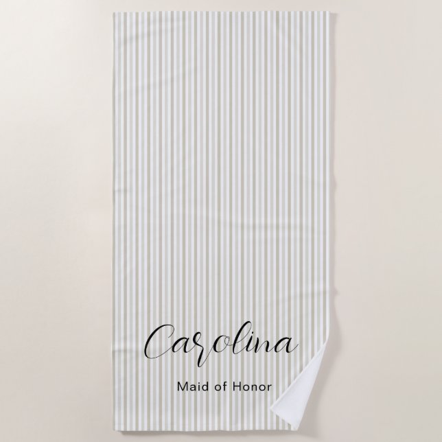 Trendy Beige Pinstripes Bridesmaid Bachelorette  Beach Towel (Front)