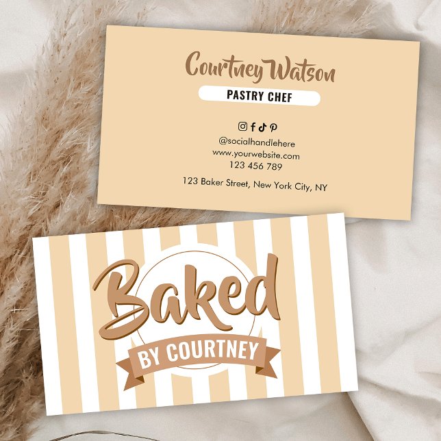 Trendy Beige Stripes Modern Bakery Chef Caterer Business Card (Creator Uploaded)