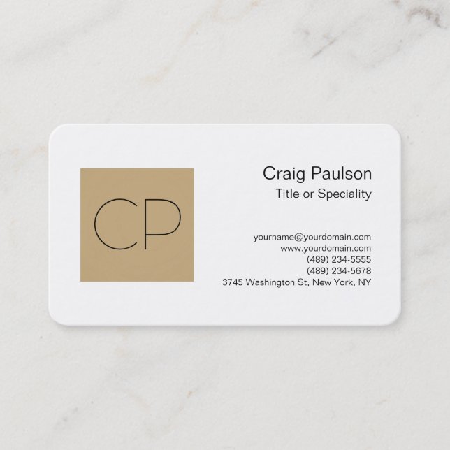 Trendy Beige White Monogram Business Card (Front)
