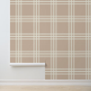 Trendy Beige with Ivory White Grid Lines Wallpaper