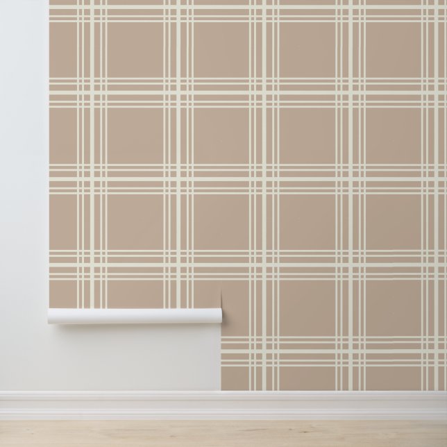 Trendy Beige with Ivory White Grid Lines Wallpaper (Application)