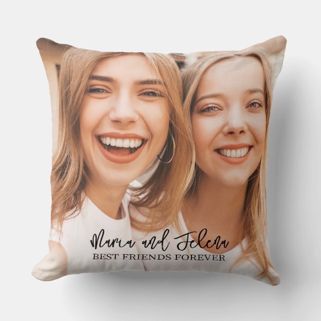 Trendy Best Friends Forever Elegant Script Photo Cushion (Front)