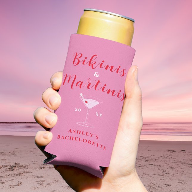 Trendy Bikinis & Martinis Pink & Red Bachelorette Seltzer Can Cooler (Trendy Bikinis & Martinis Pink & Red Bachelorette Seltzer Can Cooler)