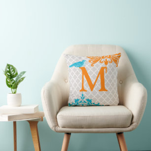Trendy Bird Coral Aqua Monogram  Moroccan Tile Cushion