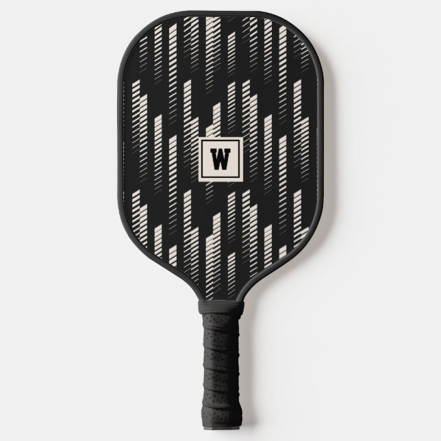 Trendy Black Abstract Geometric Stripe Monogrammed Pickleball Paddle (Front)