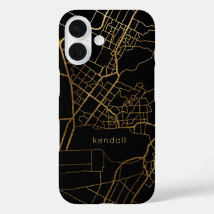 Trendy Black and Faux Gold Map Design with Name iPhone 16 Case