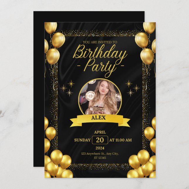 Trendy Black and Gold Birthday Party Styles  Invitation (Front/Back)
