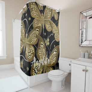 trendy Black and Gold Butterfly Personalised Name Shower Curtain