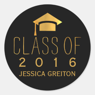 Trendy black and gold Class of 2016 graduation cap Classic Round Sticker