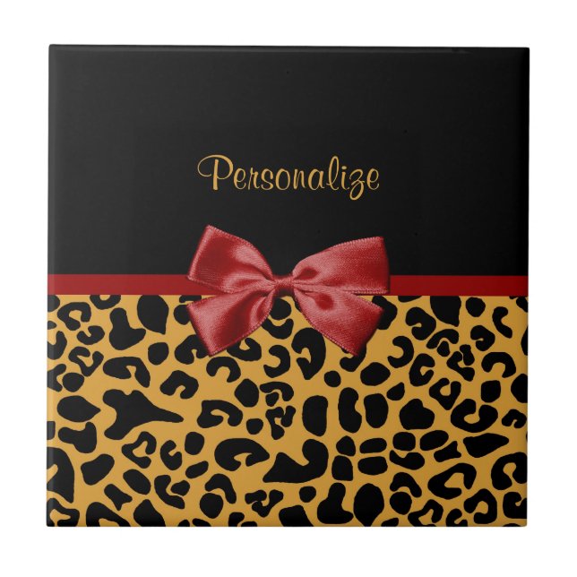Trendy Black and Gold Leopard Print Red Ribbon Bow Ceramic Tile (Front)
