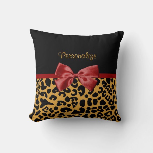 Trendy Black and Gold Leopard Print Red Ribbon Bow Cushion (Front)