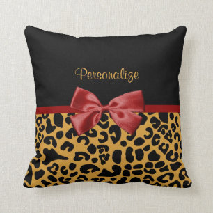 Trendy Black and Gold Leopard Print Red Ribbon Bow Cushion