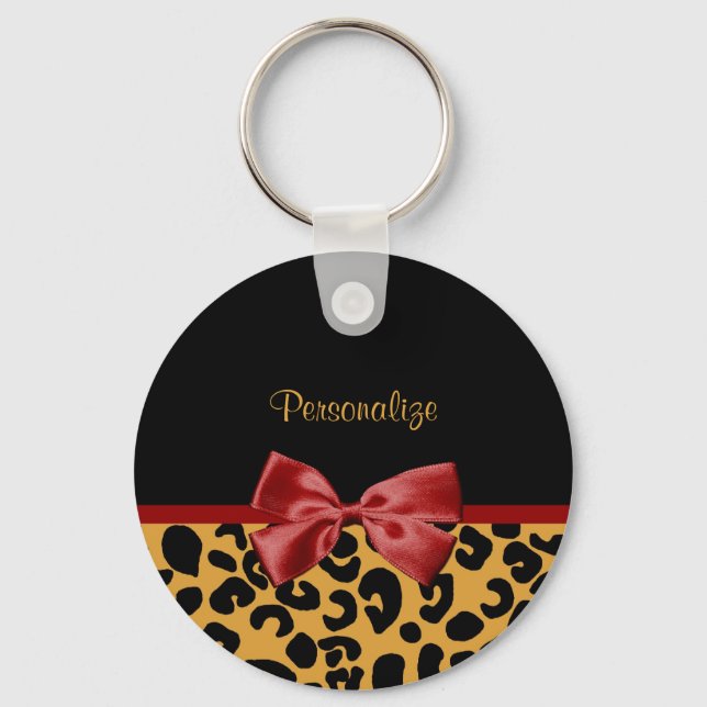 Trendy Black and Gold Leopard Print Red Ribbon Bow Key Ring (Front)