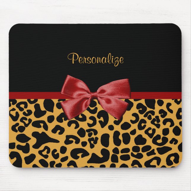 Trendy Black and Gold Leopard Print Red Ribbon Bow Mouse Pad (Front)