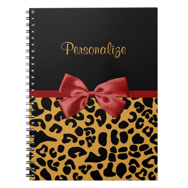 Trendy Black and Gold Leopard Print Red Ribbon Bow Notebook (Front)