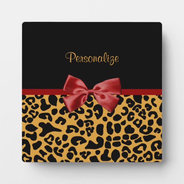 Trendy Black and Gold Leopard Print Red Ribbon Bow Plaque (Front)