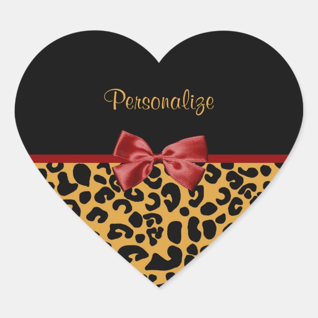 Trendy Black And Gold Leopard Print Red Ribbon Heart Sticker (Front)