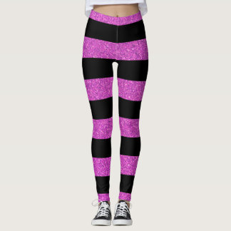 Trendy Black And Pink Glitter Stripes Women's  Leggings