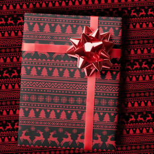 Trendy Black and Red Nordic Ugly Sweater Christmas Wrapping Paper