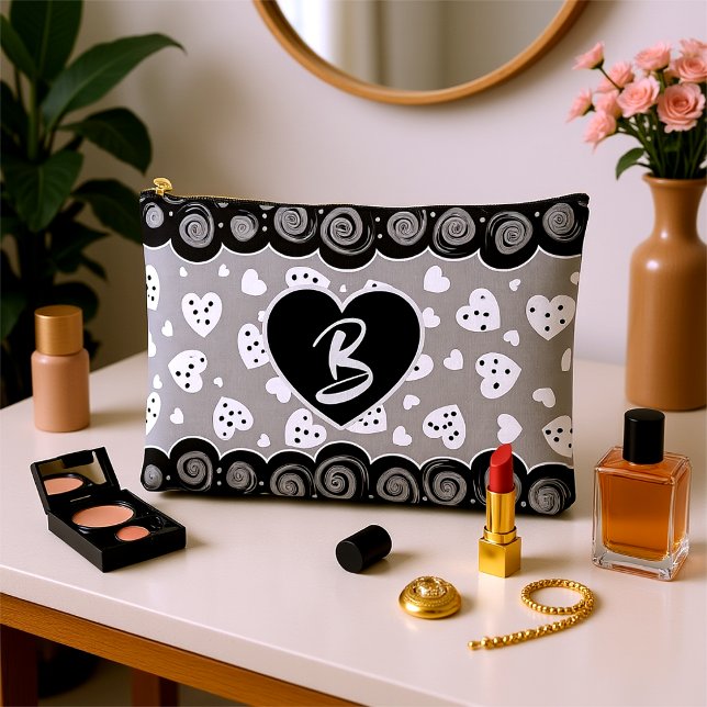 Trendy Black And Silver Heart With Dots And Swirls Accessory Pouch (Classy black & white custom hearts and twirls for that special woman in your life.)
