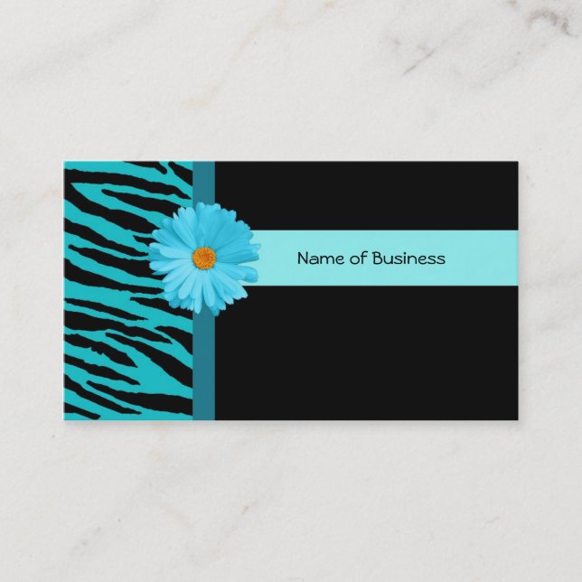 Trendy Black And Teal Zebra Print With Daisy Business Card (Front)