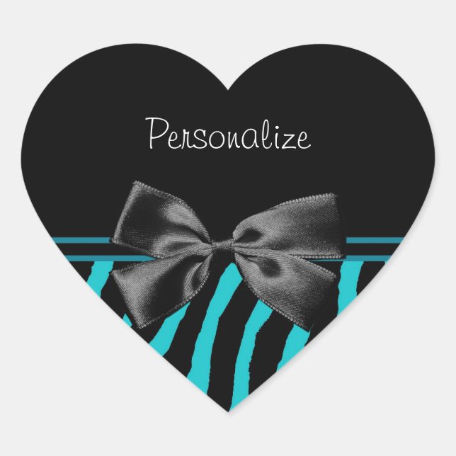 Trendy Black And Teal Zebra Print With Ribbon Heart Sticker (Front)