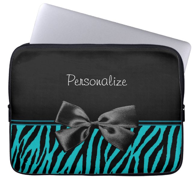 Trendy Black And Teal Zebra Print With Ribbon Laptop Sleeve (Front)