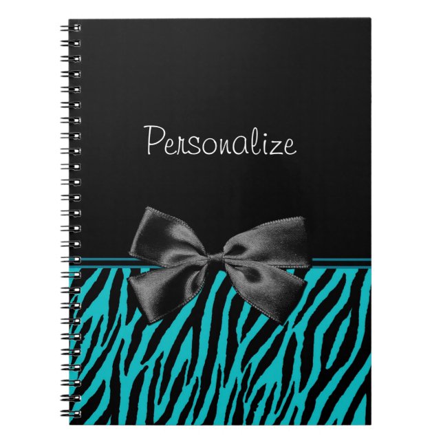Trendy Black And Teal Zebra Print With Ribbon Notebook (Front)