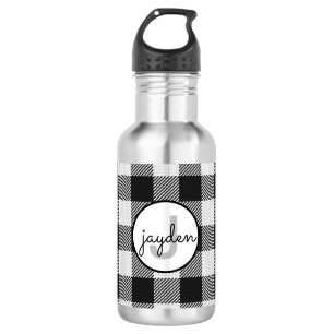Trendy Black and White Buffalo Plaid Monogrammed 532 Ml Water Bottle
