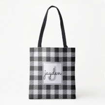 Trendy Black and White Buffalo Plaid Monogrammed