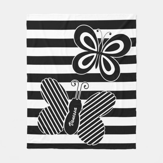 Trendy Black and White Butterfly Stripes With Name Fleece Blanket (Front)