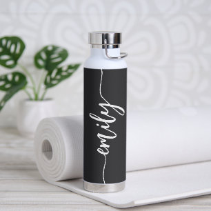 Trendy Black and White Calligraphy Name Water Bottle
