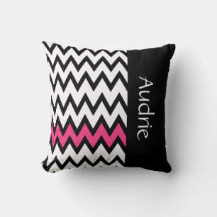 Trendy Black and White Chevron Pink With Name Cushion
