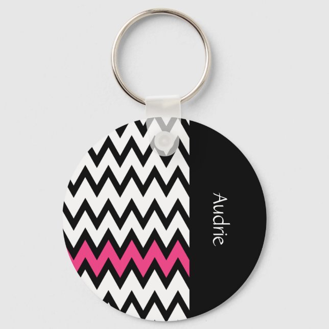 Trendy Black and White Chevron Pink With Name Key Ring (Front)