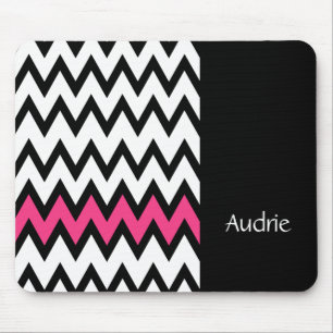 Trendy Black and White Chevron Pink With Name Mouse Pad