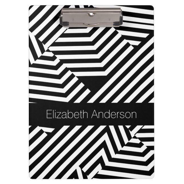 Trendy Black and White Geometric Stripes With Name Clipboard (Front)