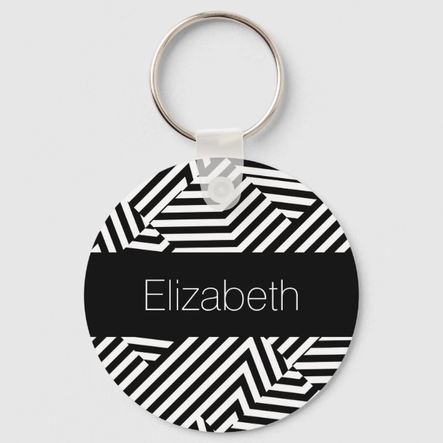 Trendy Black and White Geometric Stripes With Name Key Ring (Front)