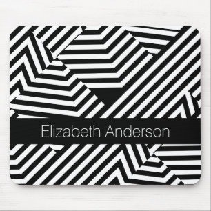 Trendy Black and White Geometric Stripes With Name Mouse Pad