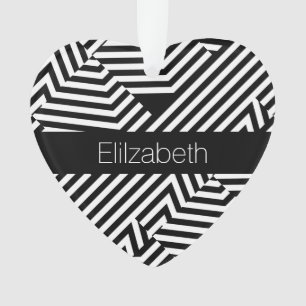 Trendy Black and White Geometric Stripes With Name Ornament
