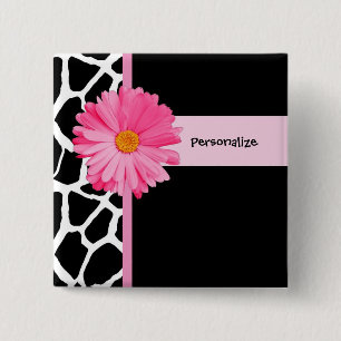 Trendy Black And White Giraffe Pink Daisy and Name 15 Cm Square Badge