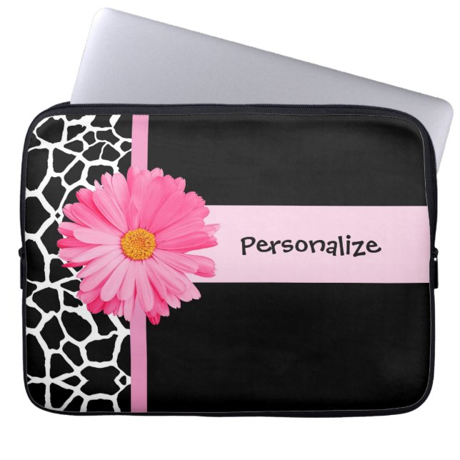 Trendy Black And White Giraffe Pink Daisy and Name Laptop Sleeve (Front)