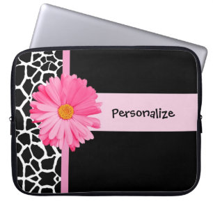Trendy Black And White Giraffe Pink Daisy and Name Laptop Sleeve
