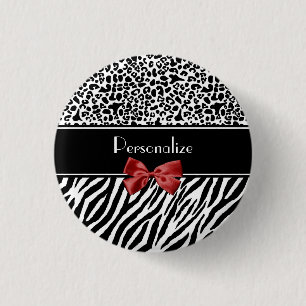 Trendy Black And White Leopard Zebra Print Red Bow 3 Cm Round Badge