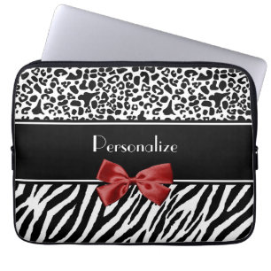 Trendy Black And White Leopard Zebra Print Red Bow Laptop Sleeve