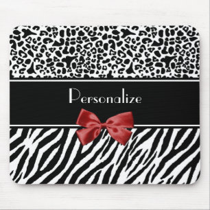 Trendy Black And White Leopard Zebra Print Red Bow Mouse Pad