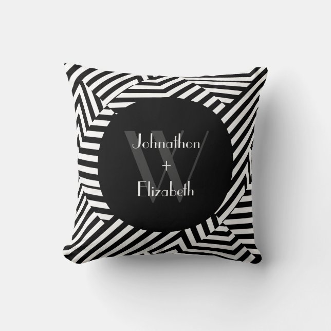 Trendy Black and White Monogram Stripes Wedding Cushion (Front)