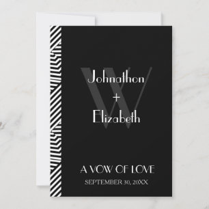 Trendy Black and White Monogram Stripes Wedding Invitation