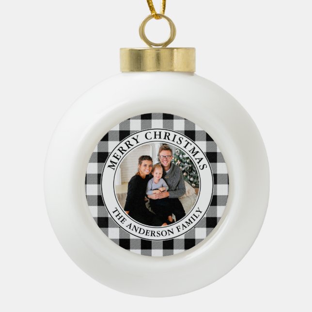 Trendy Black and White Plaid Merry Christmas Ceramic Ball Christmas Ornament (Front)