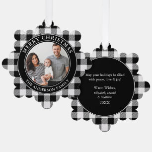 Trendy Black and White Plaid Merry Christmas Tree Decoration Card